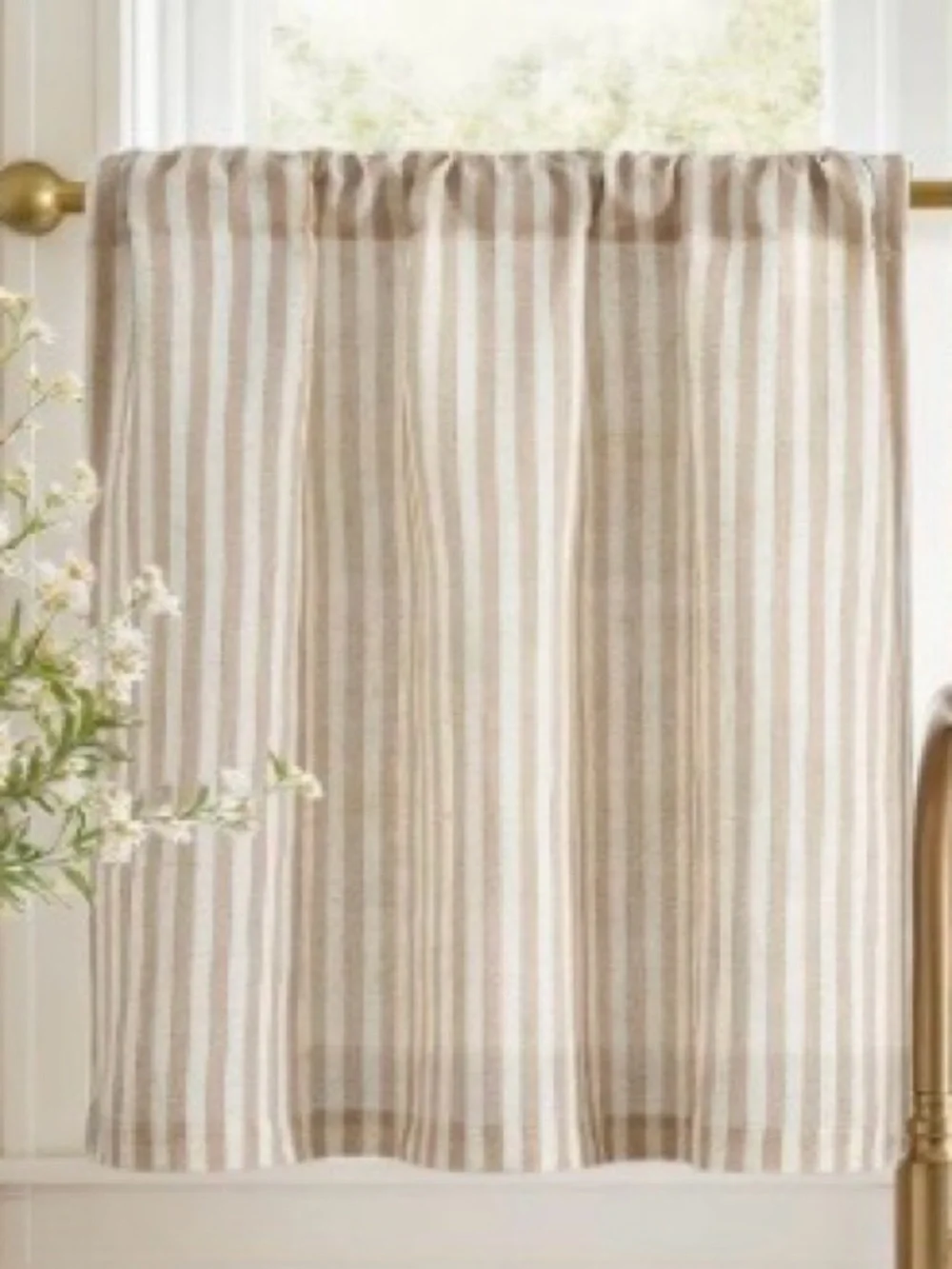 Farmhouse Striped Linen Modern Cafe Curtains LIGHT-Filtering 26”W 20”L TAN